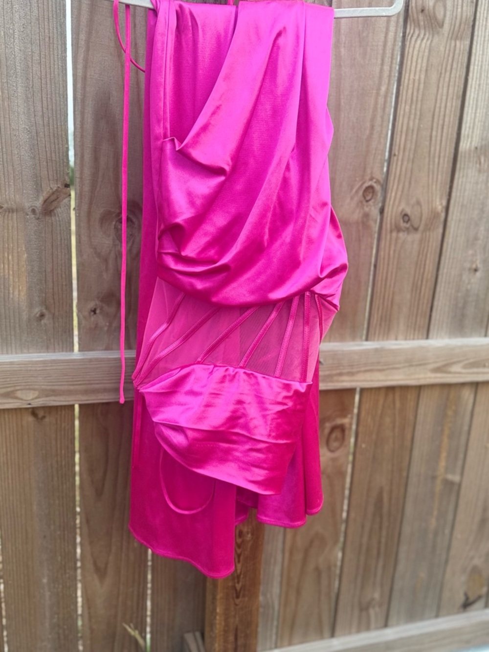 Fuchsia Pink Draped Satin & Mesh Dress